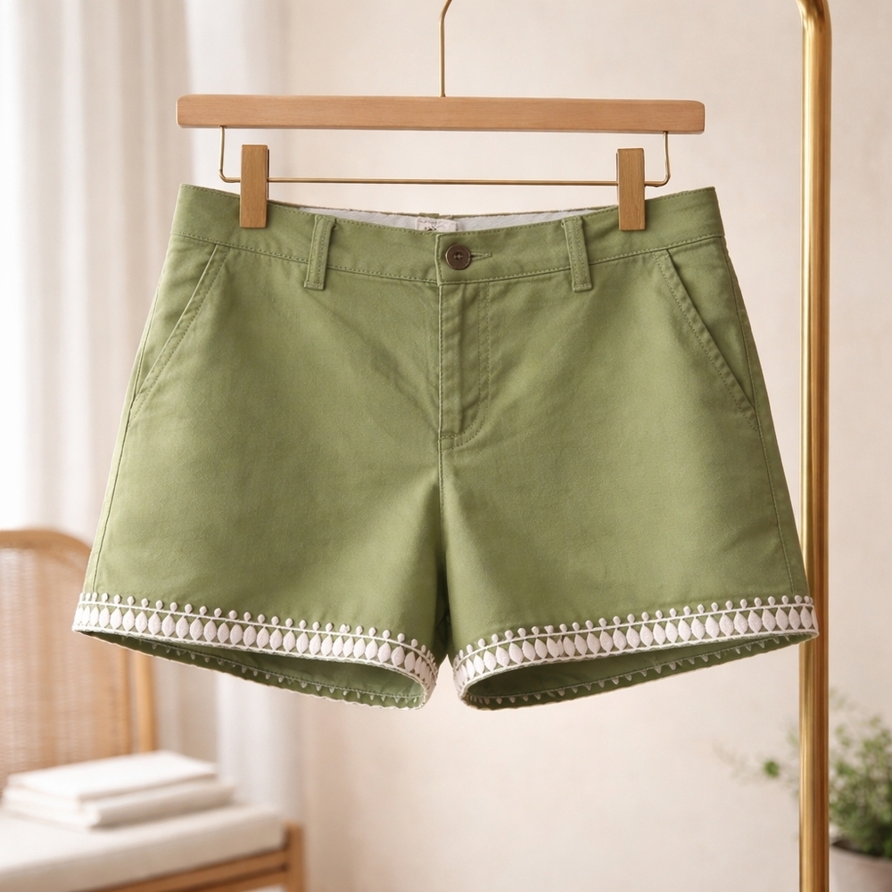 High-Rise Olive Green Embroidered Hem Women's Shorts - Picture 5 of 9